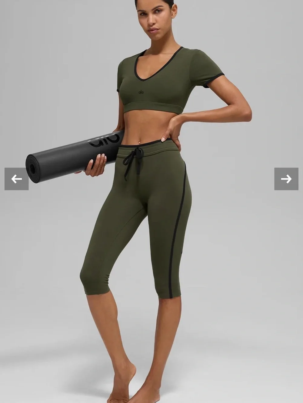 ALO Yoga Olive Crop V-Neck Top with Black Trim